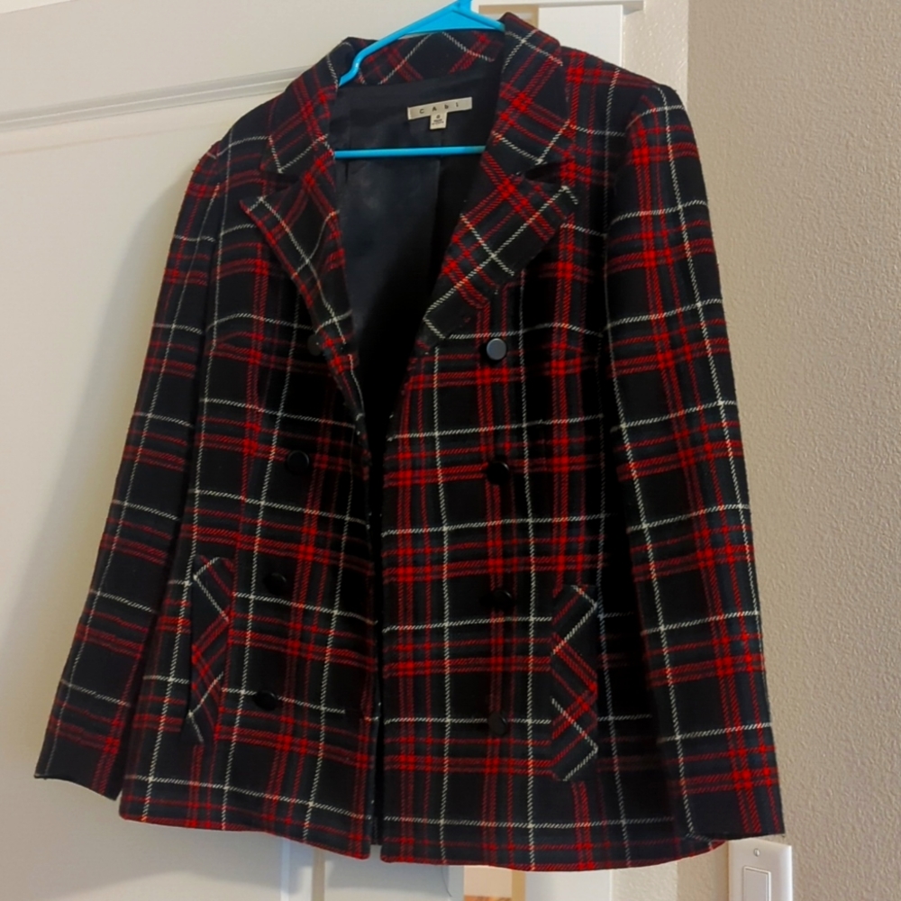 Cabi Black Plaid Double Breasted Peacoat